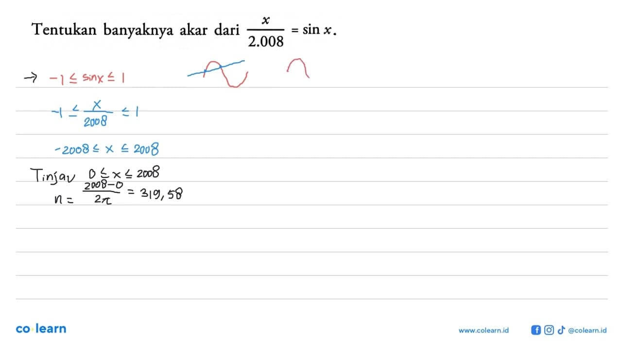 Tentukan banyaknya akar dari x/2.008 = sin x.