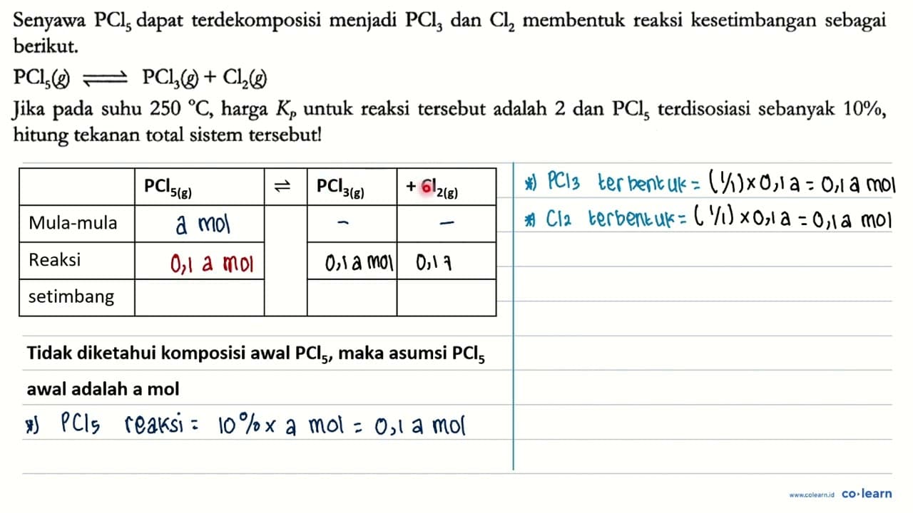 Senyawa PCl5 dapat terdekomposisi menjadi PCl3 dan Cl2