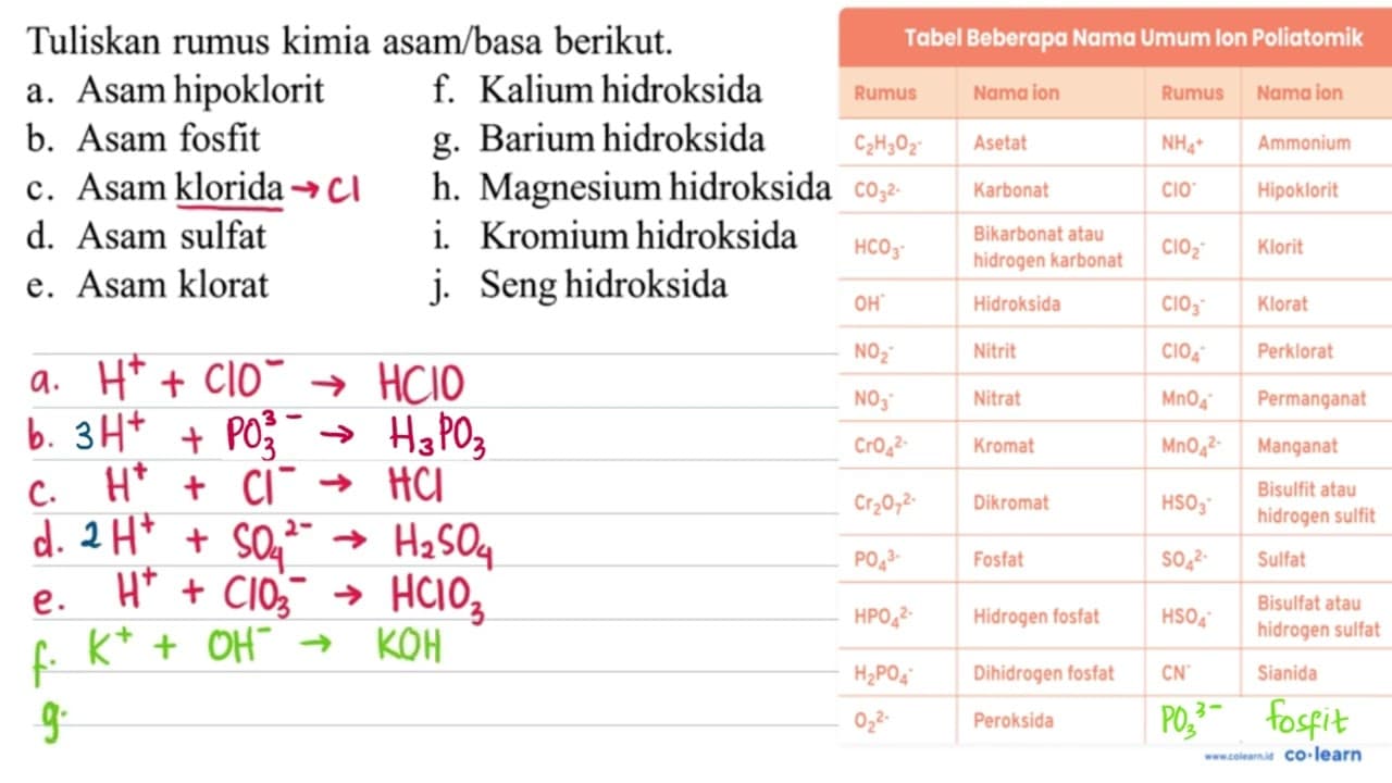 Tuliskan rumus kimia asam/basa berikut. a. Asam hipoklorit