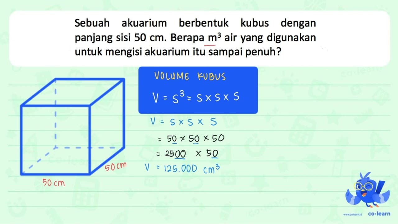 Sebuah akuarium berbentuk kubus dengan panjang sisi 50 cm.
