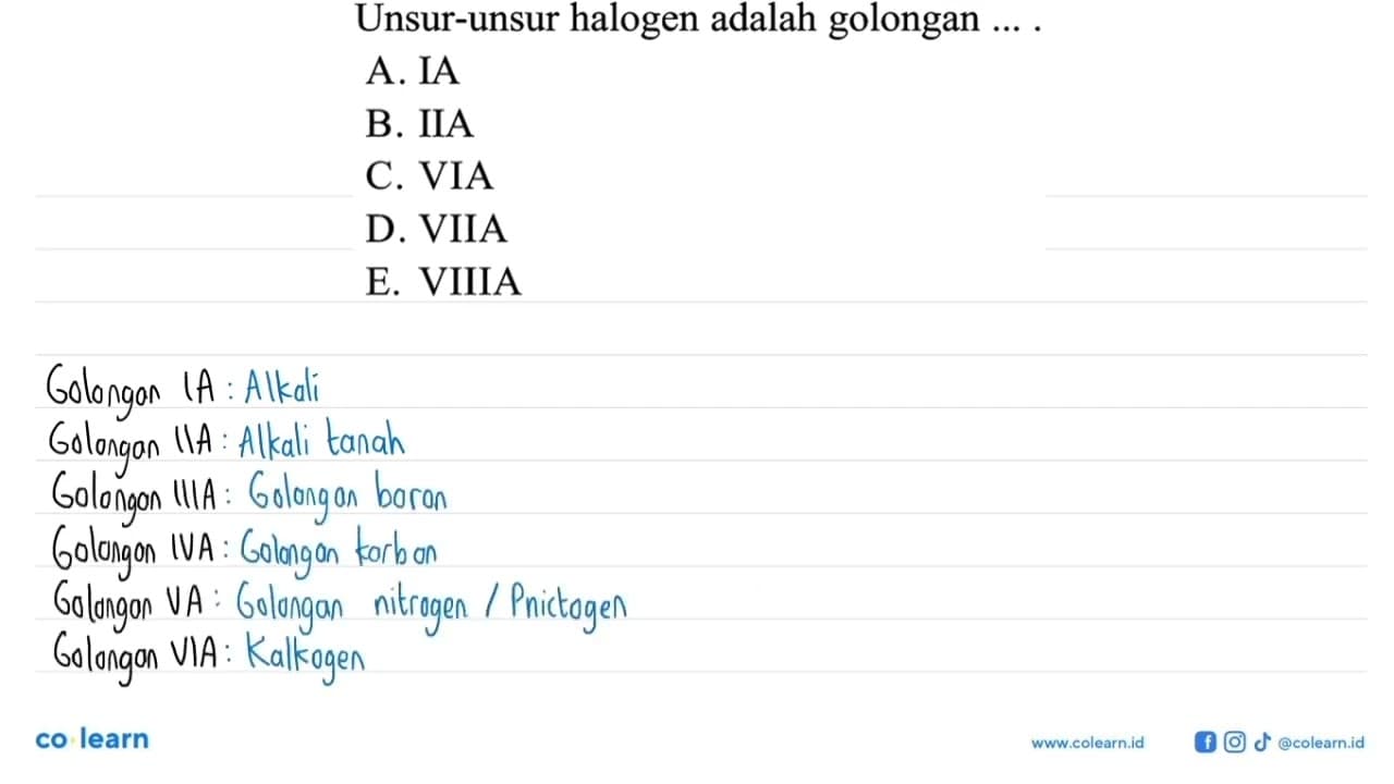 Unsur-unsur halogen adalah golongan ....