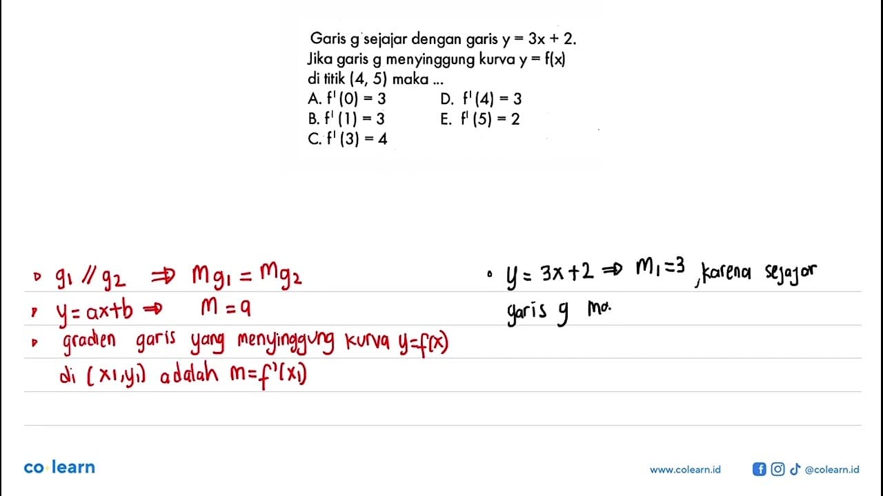 Garis g sejajar dengan garis y=3 x+2 Jika garis g