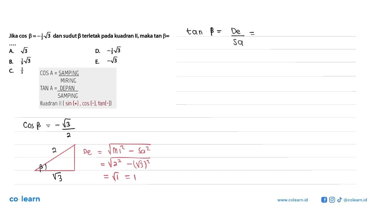 Jika cos beta = -1/2akar(3) dan sudut beta terletak pada