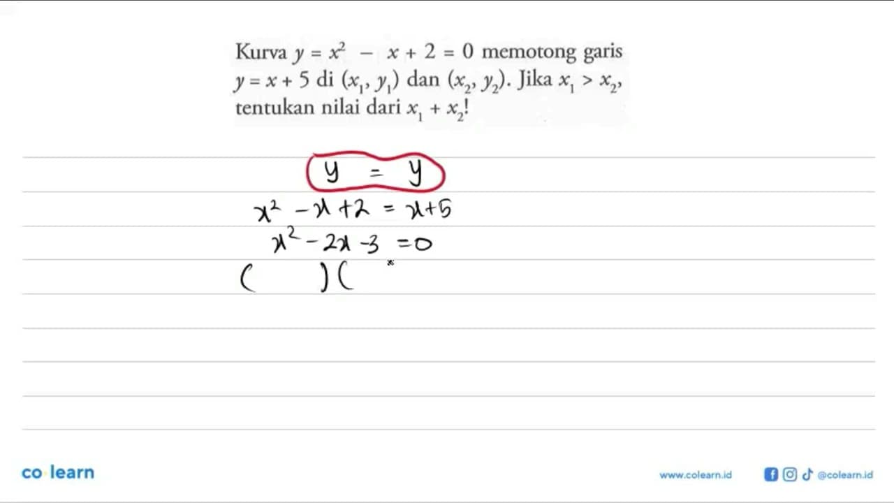 Kurva y=x^2-x+2=0 memotong garis y=x+5 di (x1,y1) dan