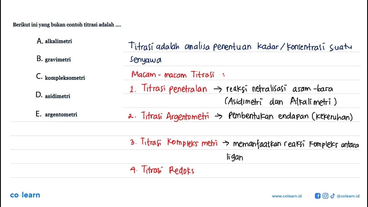 Berikut ini yang bukan contoh titrasi adalah ....A.