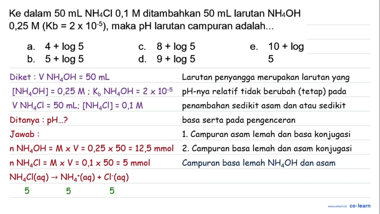 Ke dalam 50 ~mL NH_(4) Cl 0,1 M ditambahkan 50 ~mL larutan