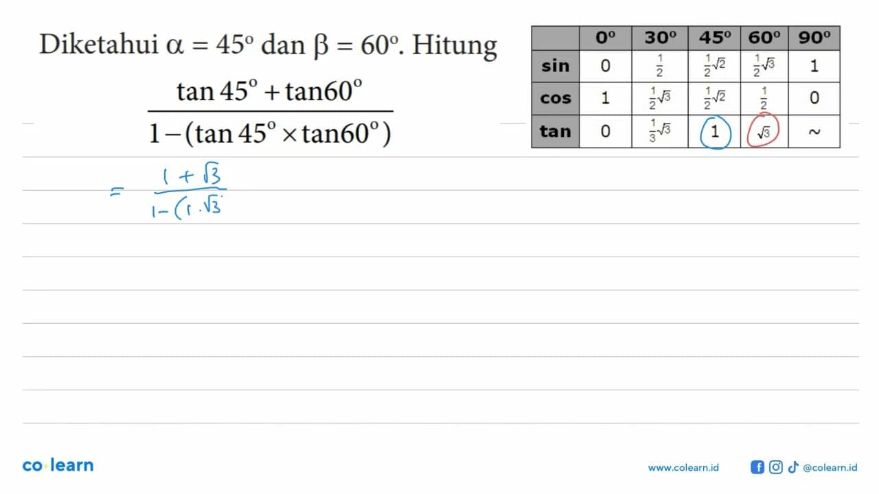 Diketahui a=45 dan b=60. Hitung(tan 45+tan 60)/1-(tan 45 x