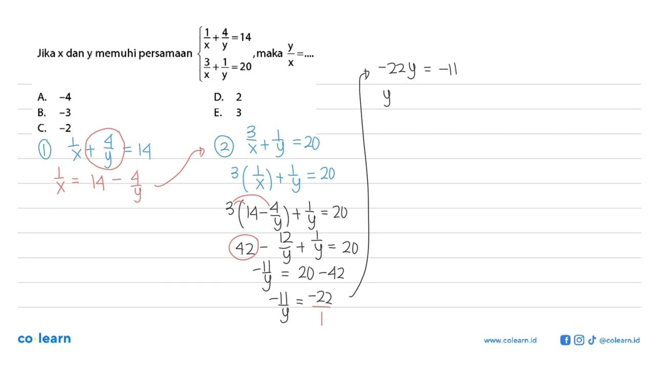 Jika x dan y memenuhi persamaan 1/x + 4/y = 14 3/x + 1/y =