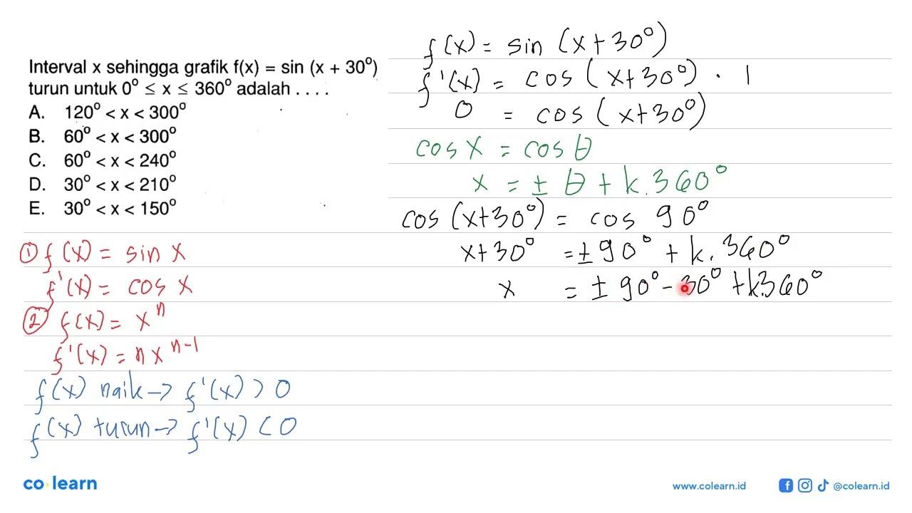 Interval x sehingga grafik f(x)=sin (x+30) turun untuk