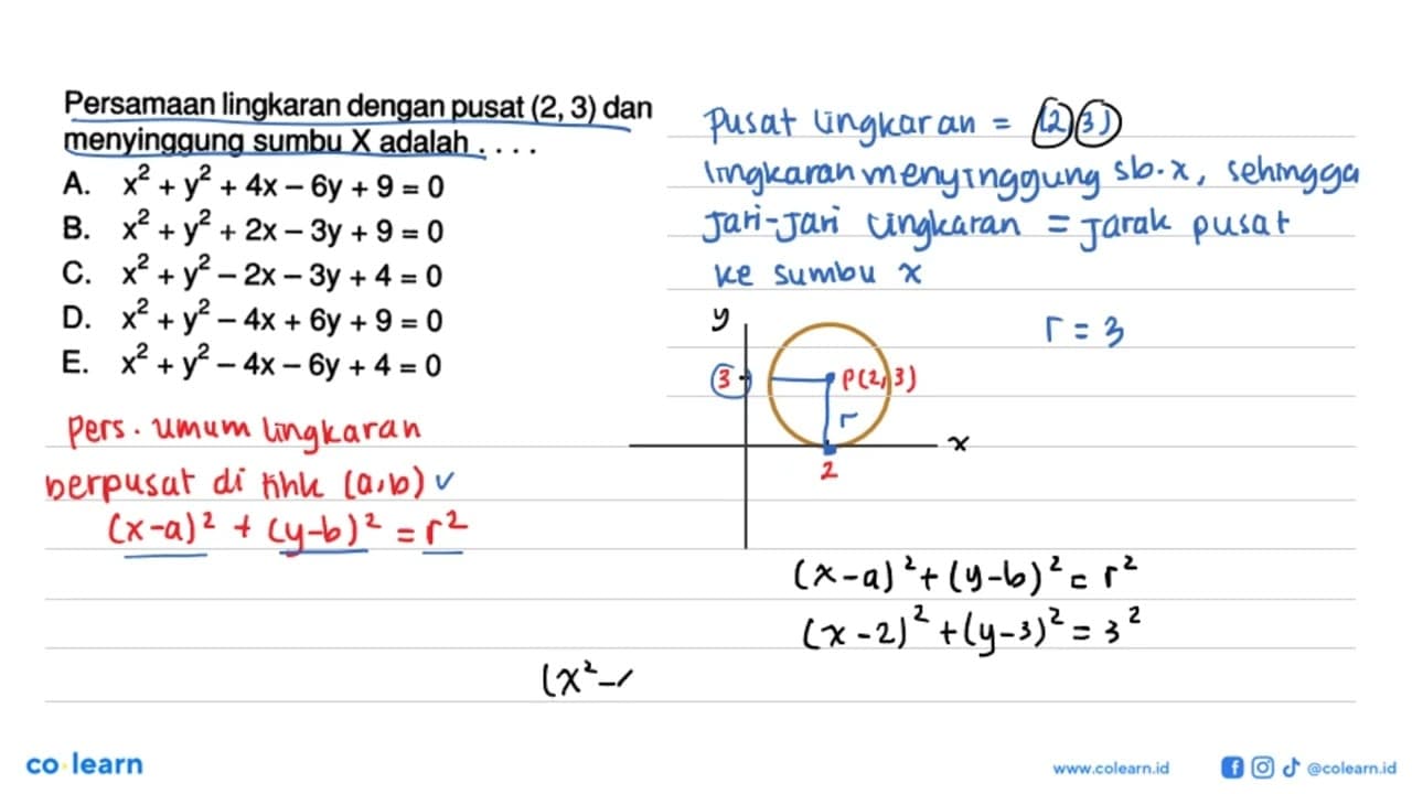 Persamaan lingkaran dengan pusat (2,3) dan menyinggung