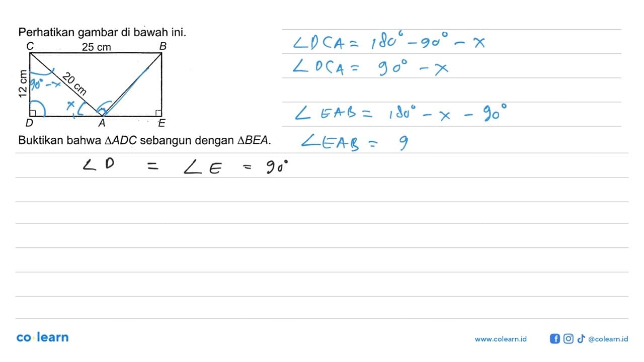 Perhatikan gambar di bawah ini. CBDAE CB=25 cm, CD=12cm,