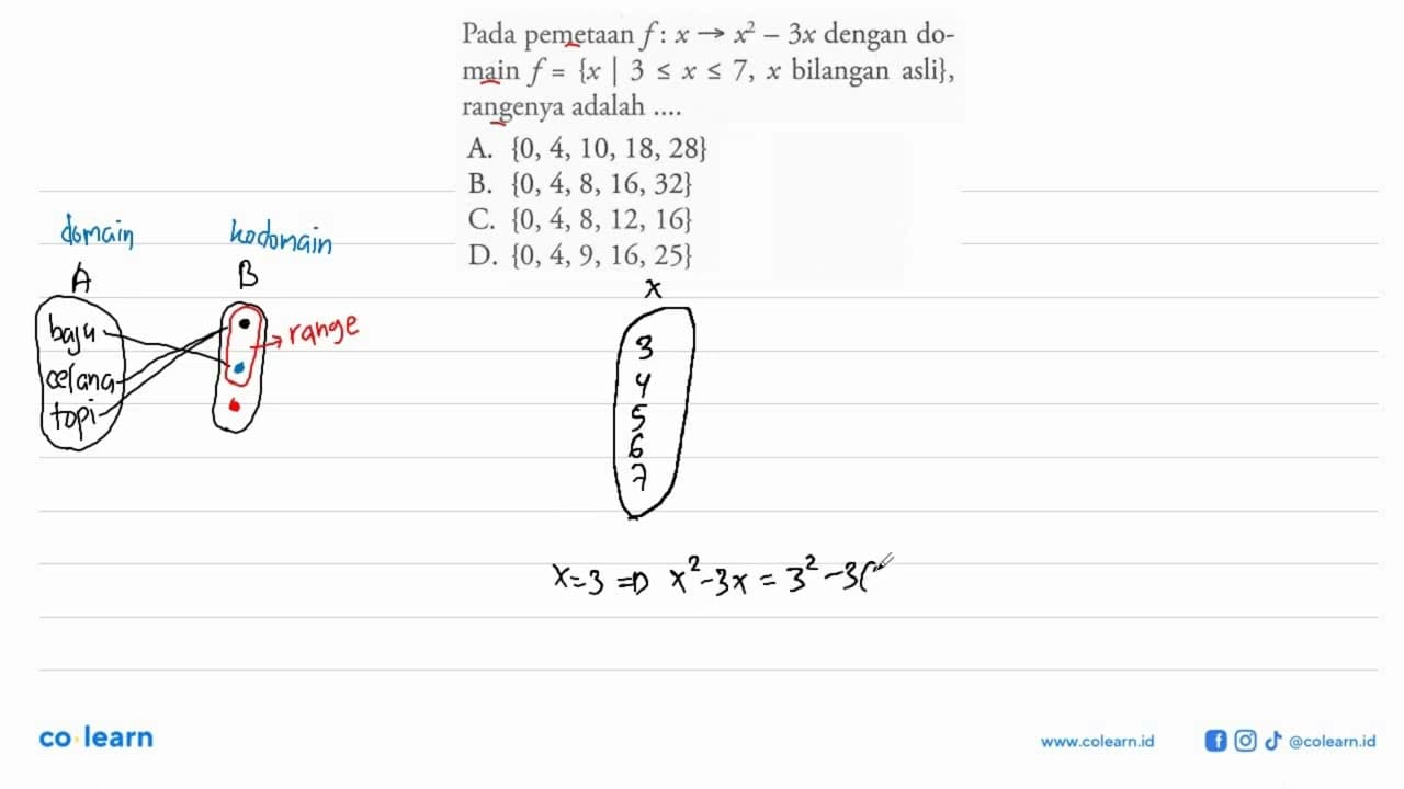 Pada pemetaan f : x -> x^2-3x dengan do-main f = {x | 3 <=