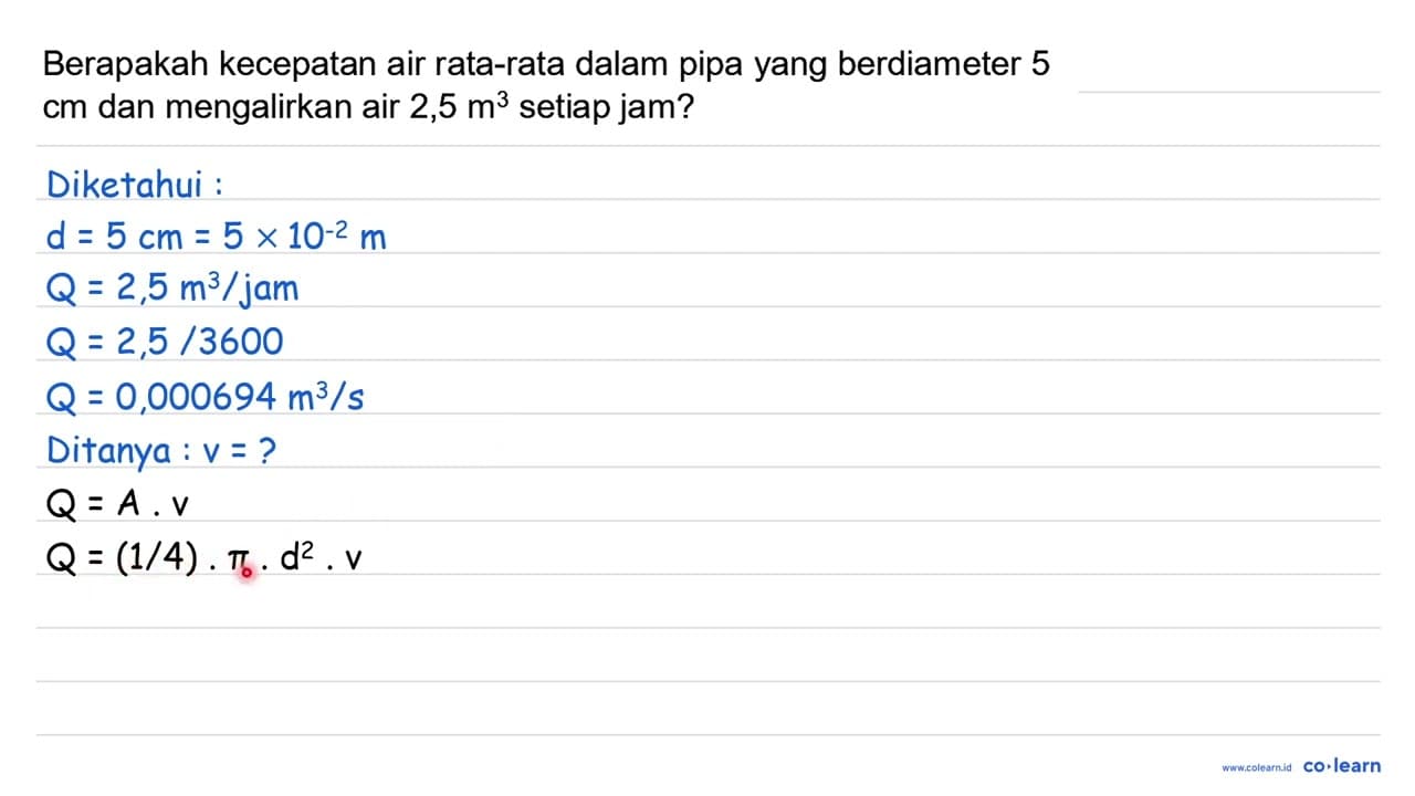 Berapakah kecepatan air rata-rata dalam pipa yang