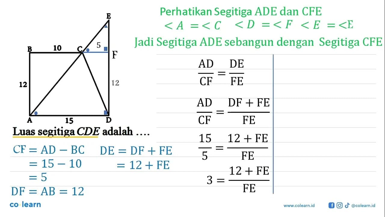 E B 10 C 12 A 15 D Luas segitiga CDE adalah ....