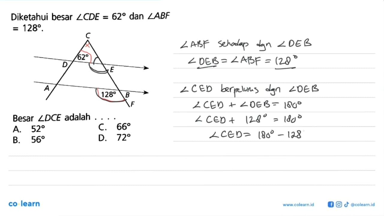 Diketahui besar sudut CDE=62 dan sudut ABF=128 Besar sudut