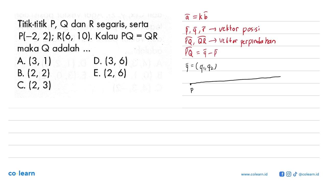 Titik-titik P, Q dan R segaris, serta P(-2,2); R(6,10).