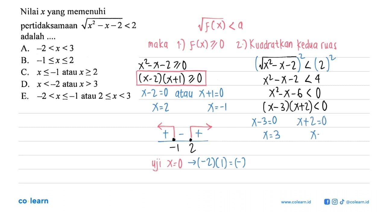 Nilai x yang memenuhi pertidaksamaan akar(x^2 - x-2) < 2