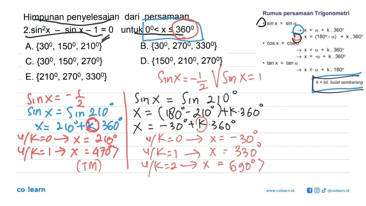 Himpunan penyelesaian dari persamaan 2sin^2x-sinx-1=0 untuk