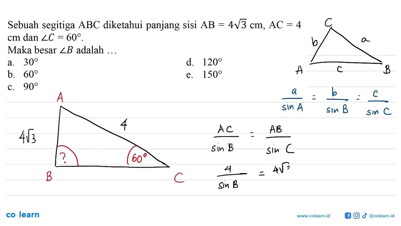 Sebuah segitiga ABC diketahui panjang sisi AB = 4 akar(3)