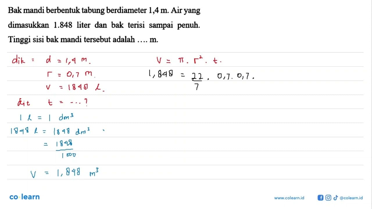 Bak mandi berbentuk tabung berdiameter 1,4 m. Air yang