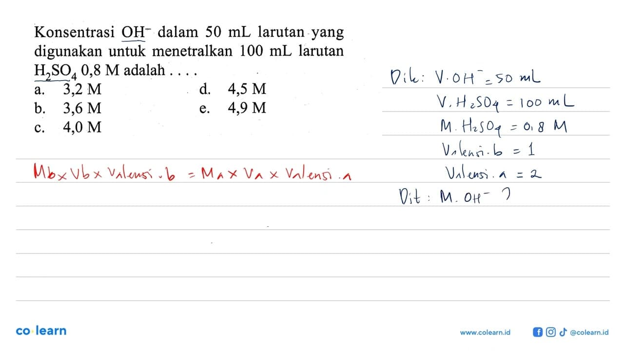 Konsentrasi OH^- dalam 50 mL larutan yang digunakan untuk