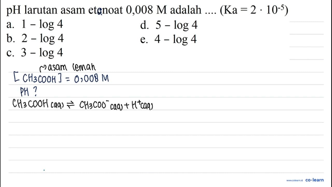 pH larutan asam etenoat 0,008 M adalah .... (Ka=2 .