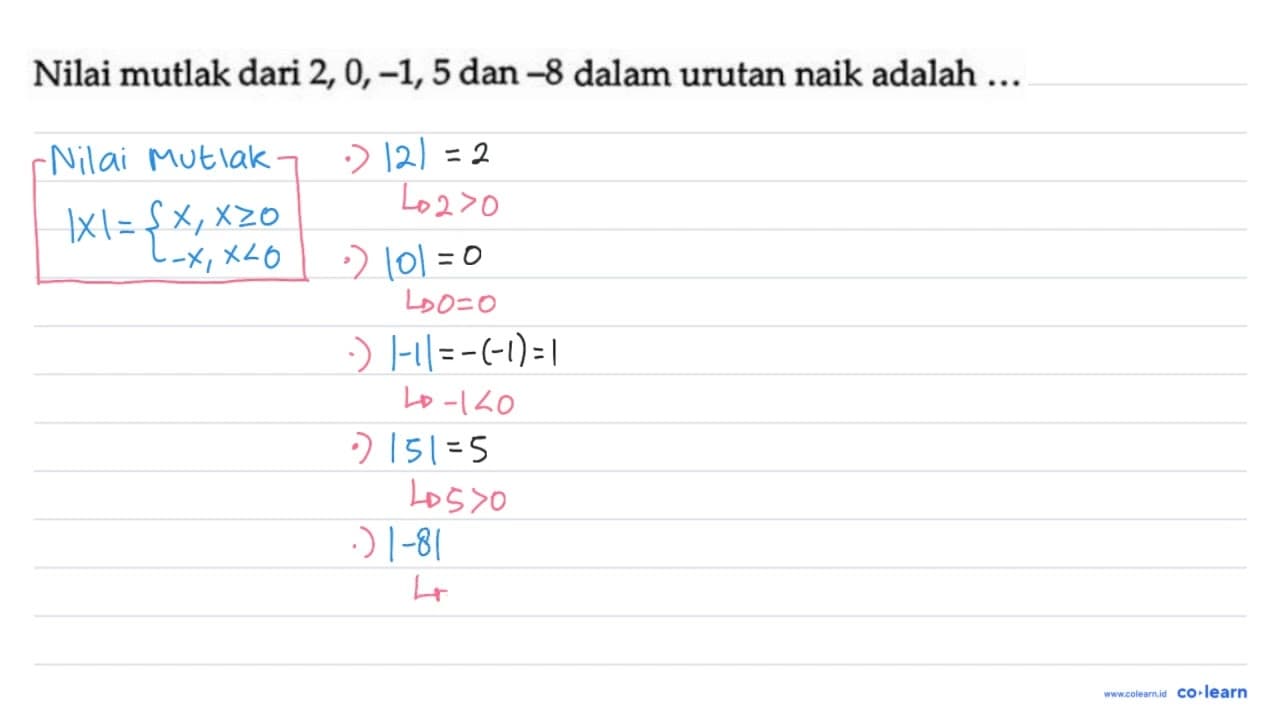 Nilai mutlak 2,0,-1,5 dan -8 dari dalam urutan naik adalah