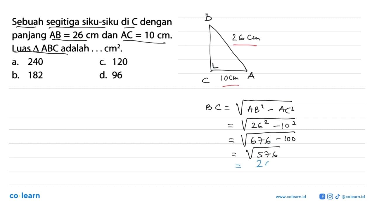 Sebuah segitiga siku-siku di C dengan panjang AB=26 cm dan