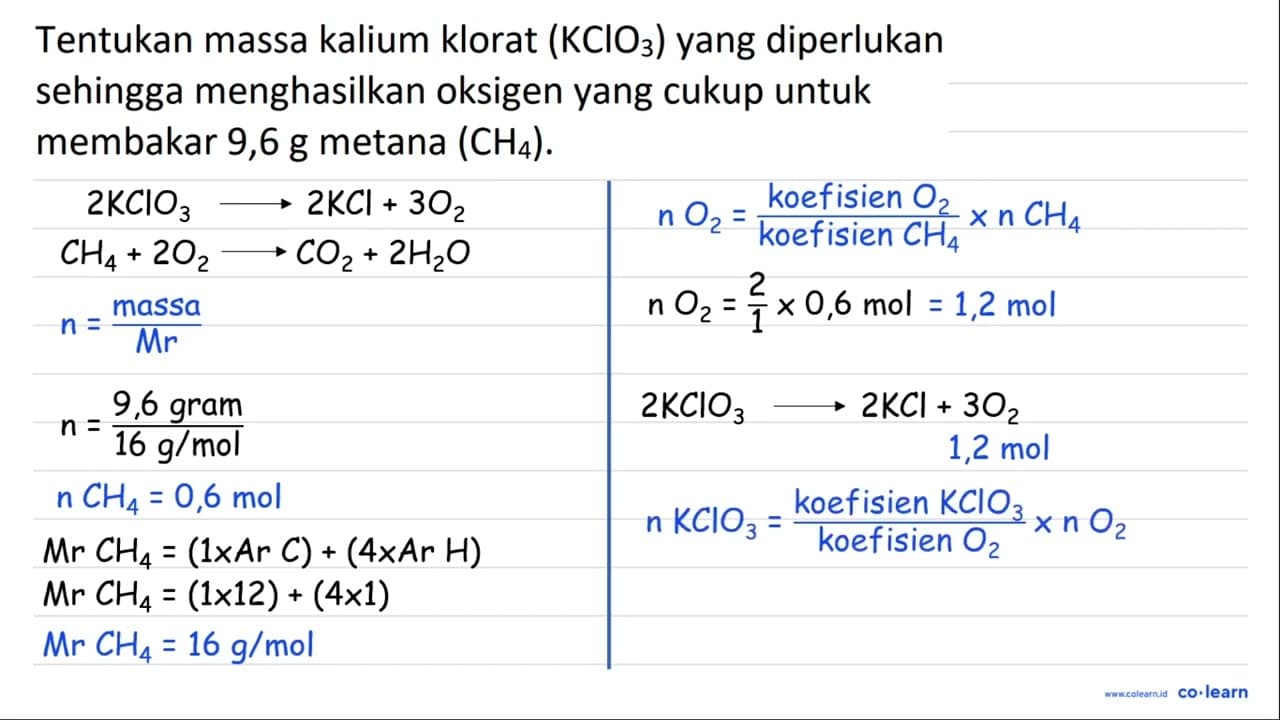 Tentukan massa kalium klorat (KClO_(3)) yang diperlukan