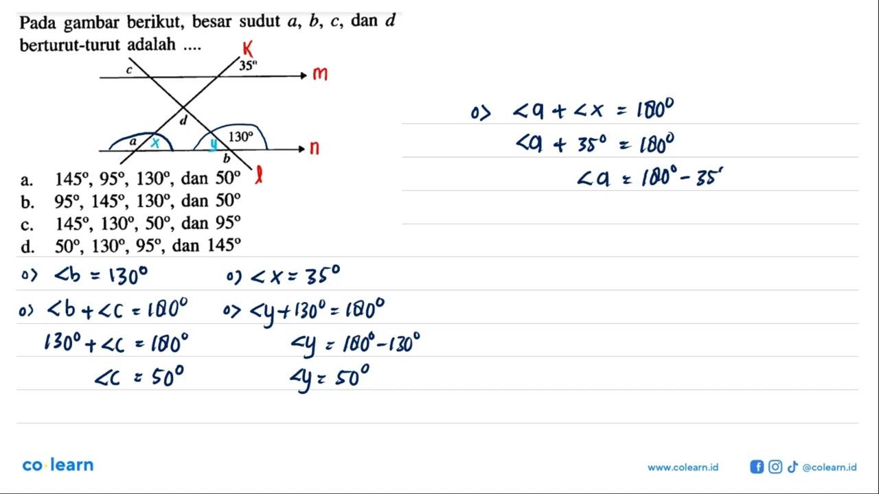 Pada gambar berikut, besar sudut a, b, c, dan d