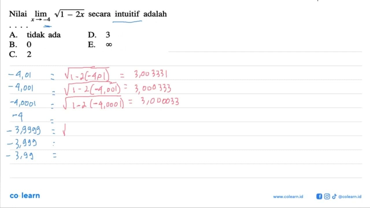 Nilai lim x->-4 akar(1-2x) secara intuitif adalah ....