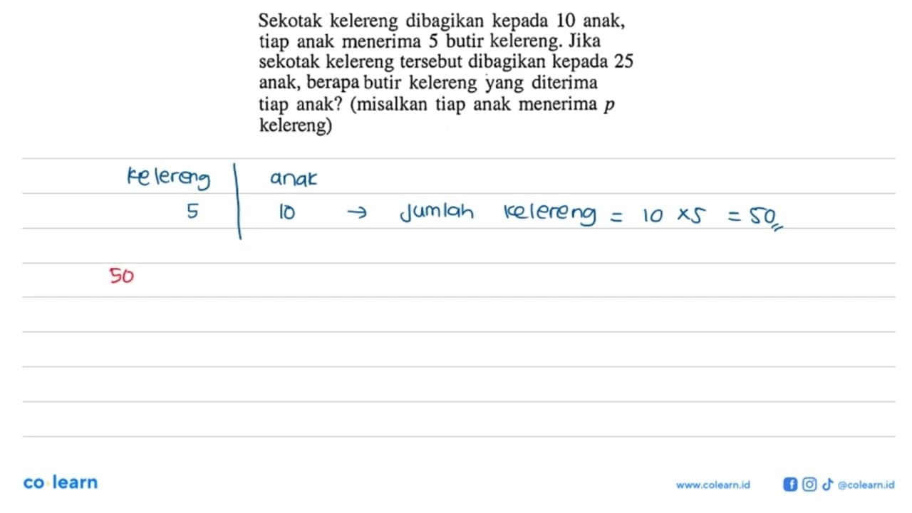 Sekotak kelereng dibagikan kepada 10 anak, tiap anak