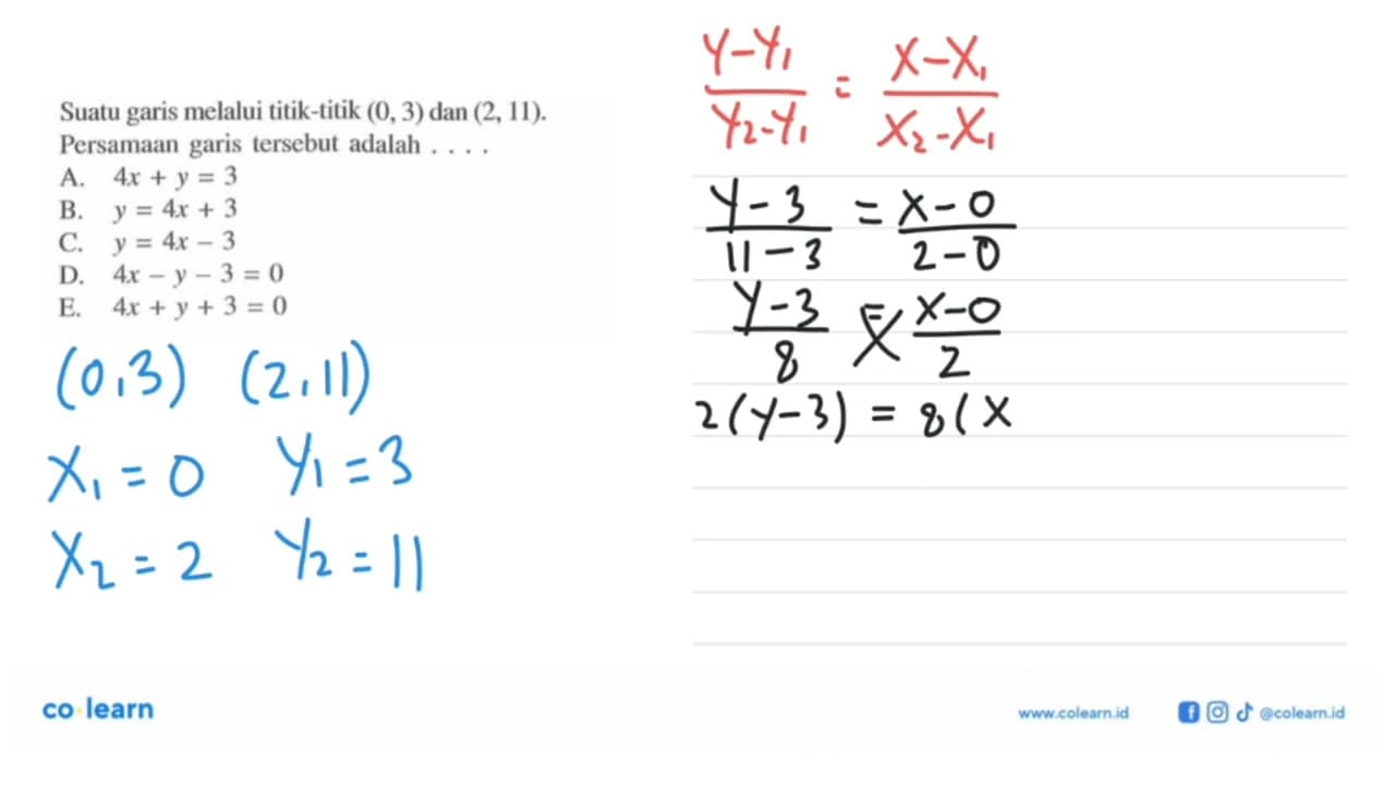 Suatu garis melalui titik-titik (0,3) dan (2,11). Persamaan