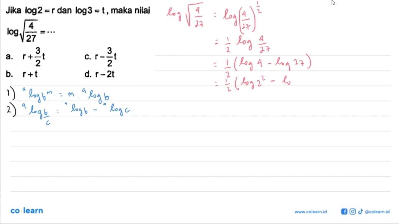 Jika log2 =r dan log3 = t, maka nilai log akar(4/27) =