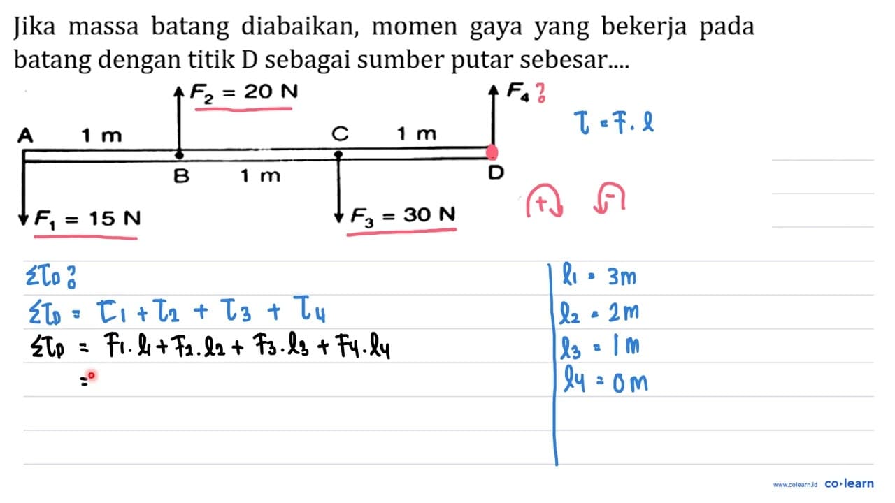 Jika massa batang diabaikan, momen gaya yang bekerja pada