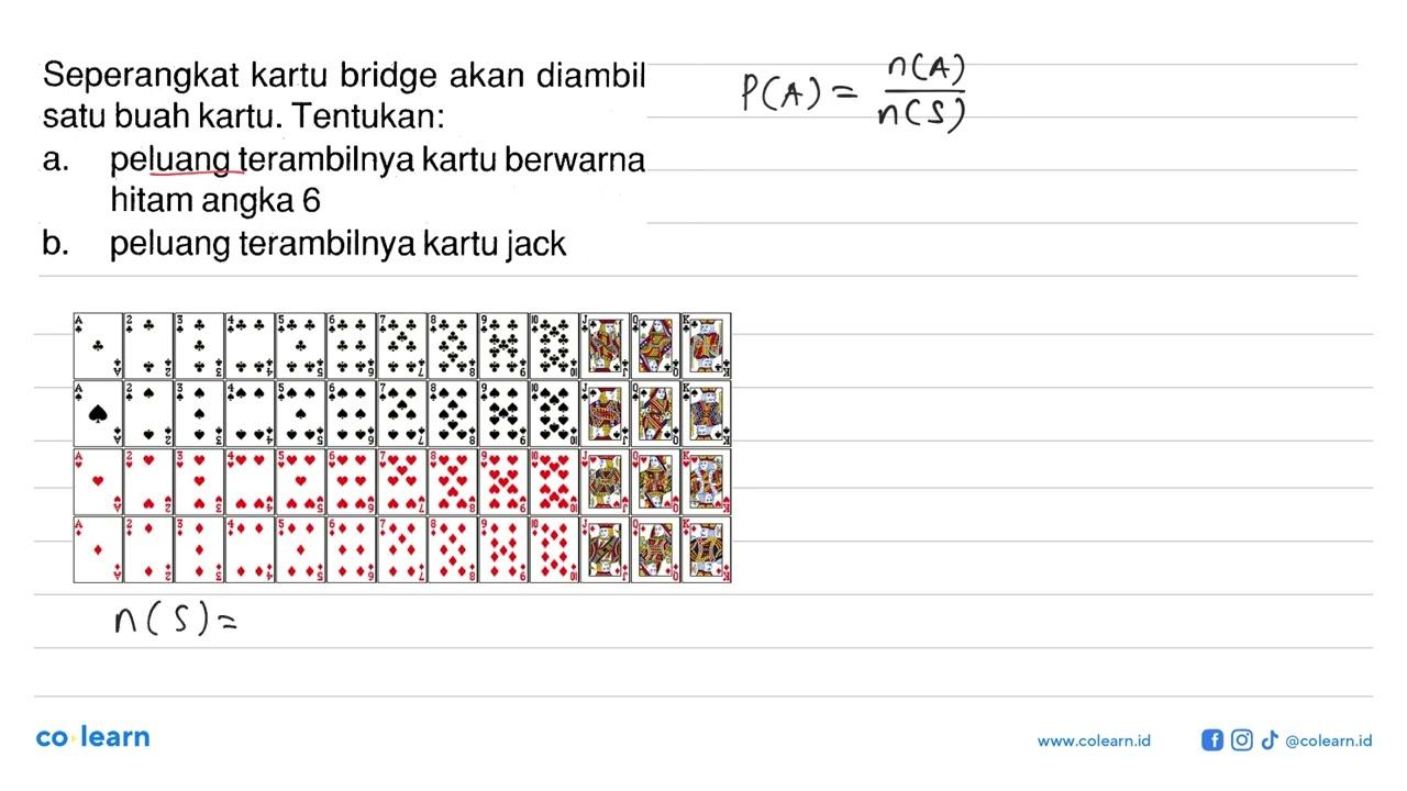 Seperangkat kartu bridge akan diambil satu buah kartu.