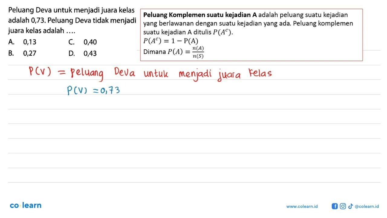 Peluang Deva untuk menjadi juara kelas adalah 0,73. Peluang