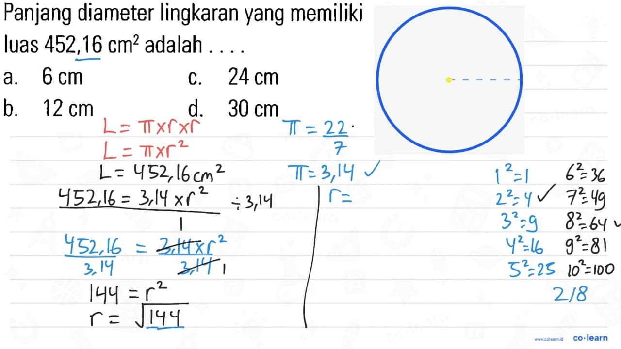 Panjang diameter lingkaran yang memiliki luas 452,16 cm^2