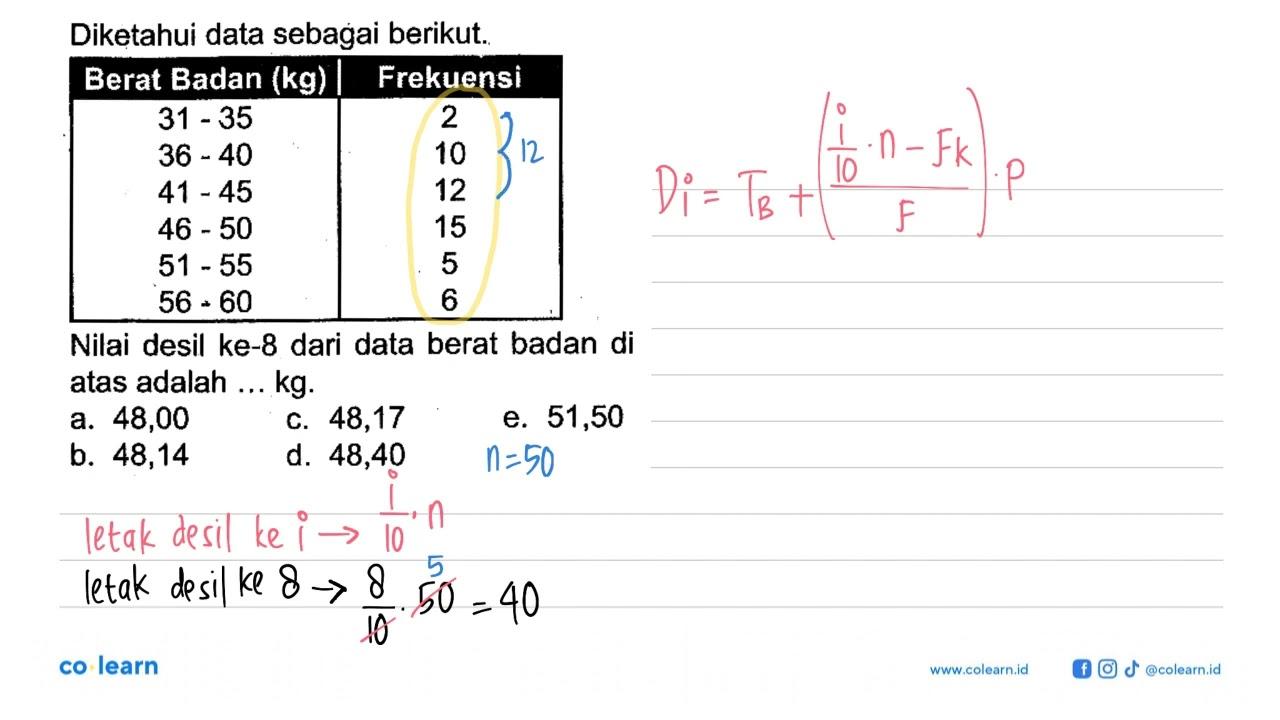 Diketahui data sebagai berikut. Berat Badan (kg) Frekuensi