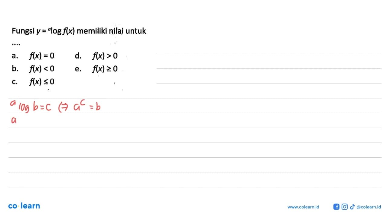 Fungsi y=alogf(x) memiliki nilai untuk ...