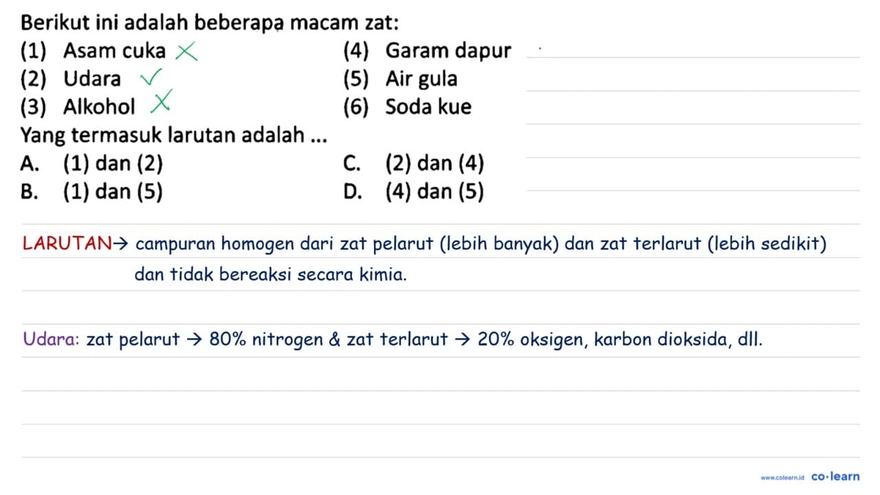 Berikut ini adalah beberapa macam zat: (1) Asam cuka (4)