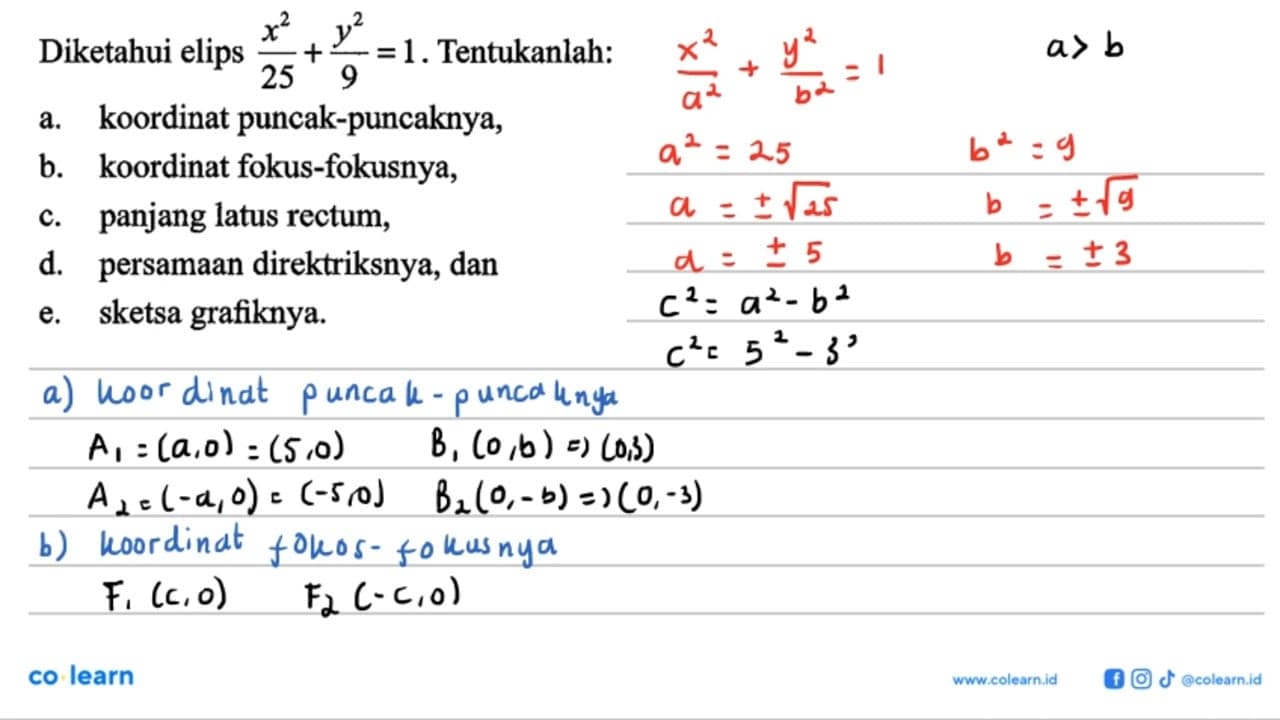 Diketahui elips (x^2)/25 + (y^2)/9 = 1. Tentukanlah: a.