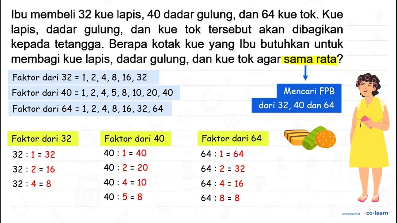 Ibu membeli 32 kue lapis, 40 dadar gulung, dan 64 kue tok.