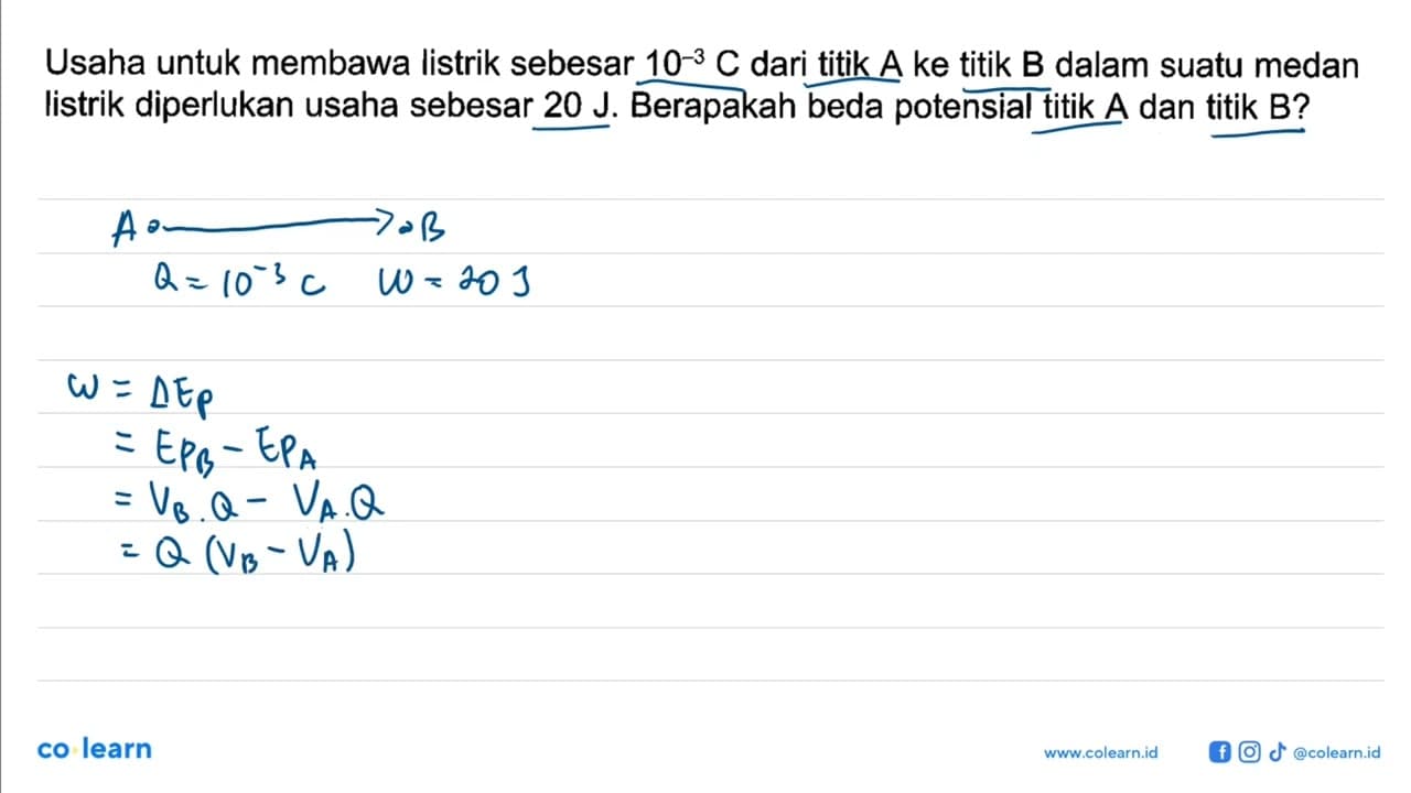 Usaha untuk membawa listrik sebesar 10^(-3) C dari titik A