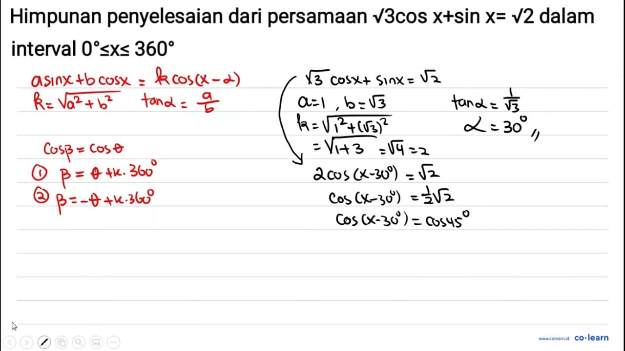 Himpunan penyelesaian dari persamaan akar(3) cos x + sin x