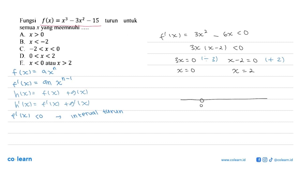 Fungsi f(x)=x^3-3x^2-15 turun untuk semua x yang meemnuhi