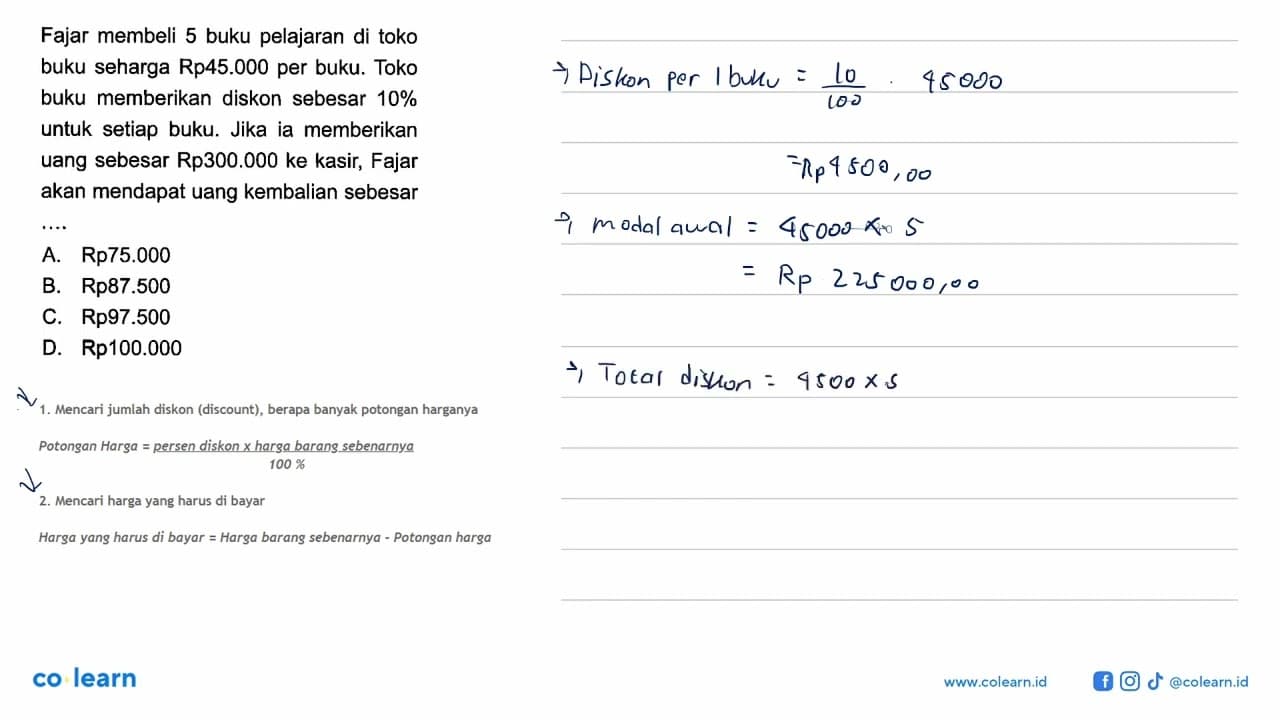 Fajar membeli 5 buku pelajaran di toko buku seharga