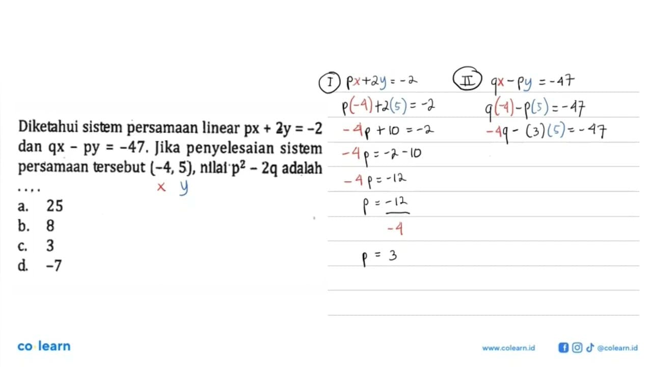 Diketahui sistem persamaan linear px+2y=-2 dan qx-py=-47.