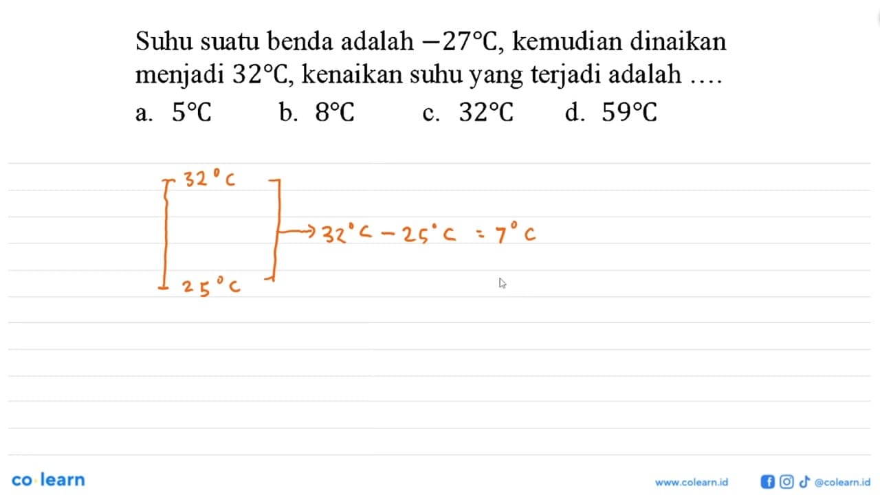 Suhu suatu benda adalah -27 C, kemudian dinaikan menjadi 32