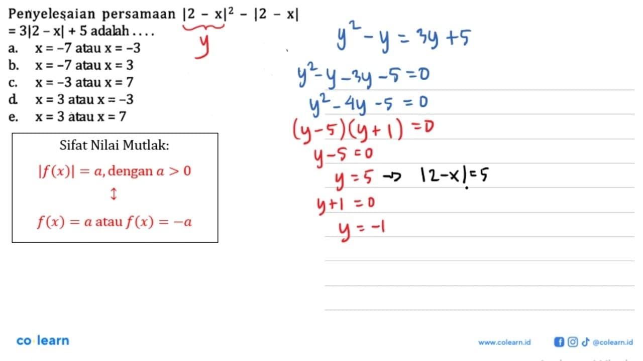 Penyelesaian persamaan |2-x|^2-|2-x|=3|2-x|+5 adalah . . .